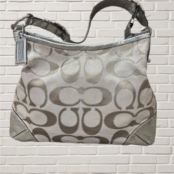 Coach Handbags - Coach Signature Metallic Silver Hobo Shoulder Bag Purse B1225-15731 Pink Lining